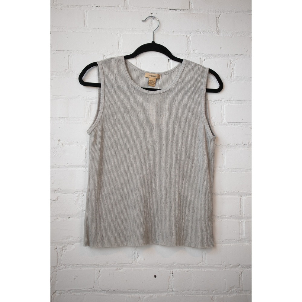 Plisse Silver Metallic Lurex Pleated Sleeveless Tank Top Crew Neck Grey Large